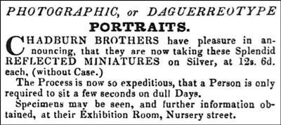 Advert for Chadburn Brothers' Daguerreotype Gallery, Sheffield, 1843.